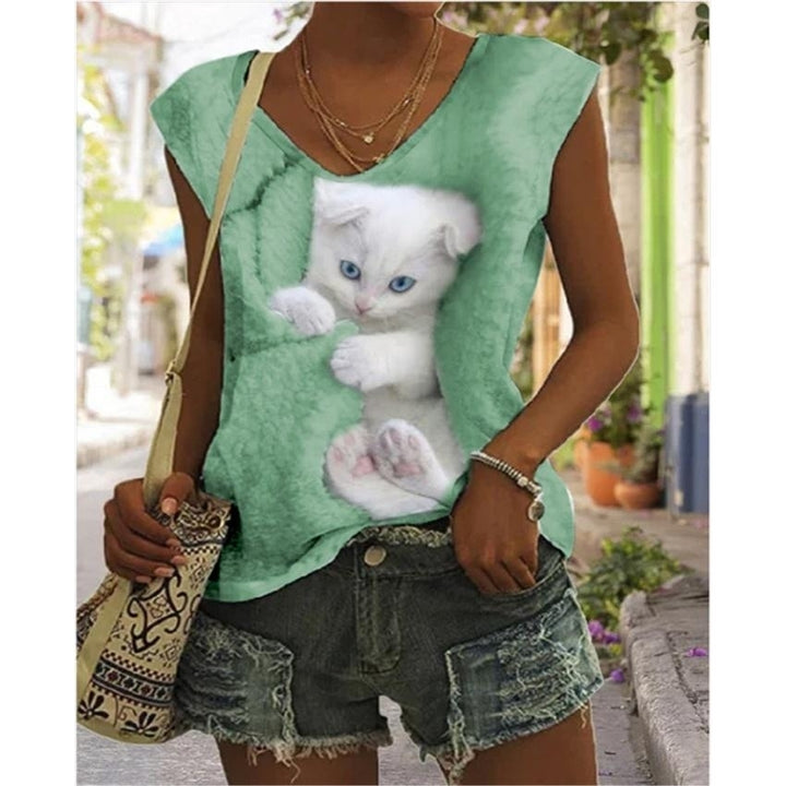 Women Summer 3D Cat Printing T-Shirts Blocks Loose Deep V-Neck Plus Size Sleeveless Tee Shirt Vest Tops Image 3