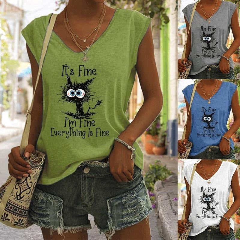 Women Summer Cat Letters Printing Sleeveless T-Shirts Loose Deep V-neck Plus Size Cotton Tee Shirt Tops Image 1