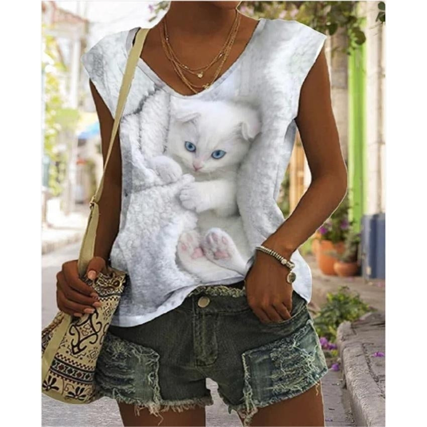 Women Summer 3D Cat Printing T-Shirts Blocks Loose Deep V-Neck Plus Size Sleeveless Tee Shirt Vest Tops Image 4