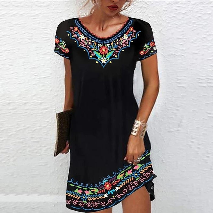 Summer Women Round Neck Bohe Short Sleeve Dress Casual Plus Size Floral Printed Dress Mini Dress Long Dress Image 6