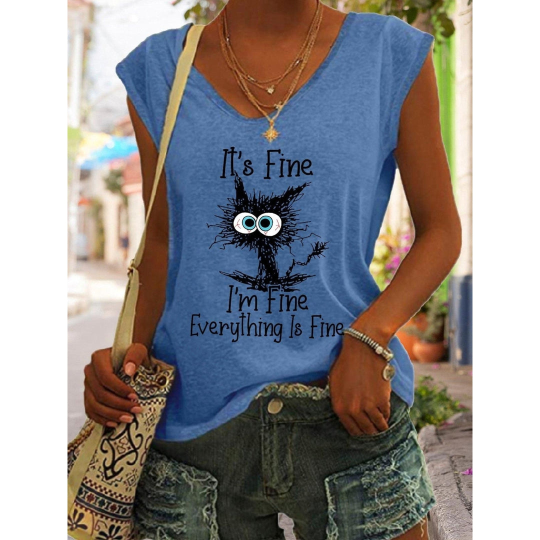 Women Summer Cat Letters Printing Sleeveless T-Shirts Loose Deep V-neck Plus Size Cotton Tee Shirt Tops Image 3