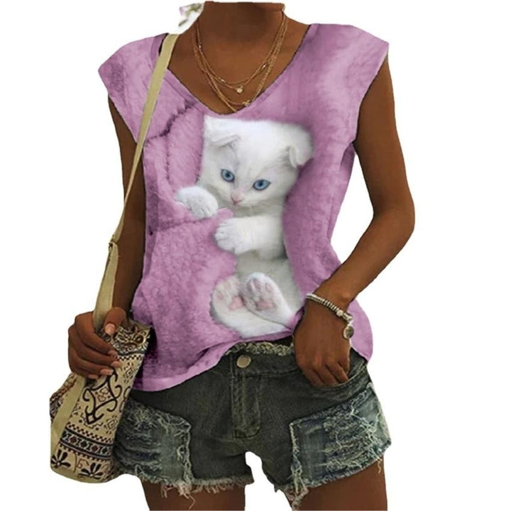 Women Summer 3D Cat Printing T-Shirts Blocks Loose Deep V-Neck Plus Size Sleeveless Tee Shirt Vest Tops Image 4