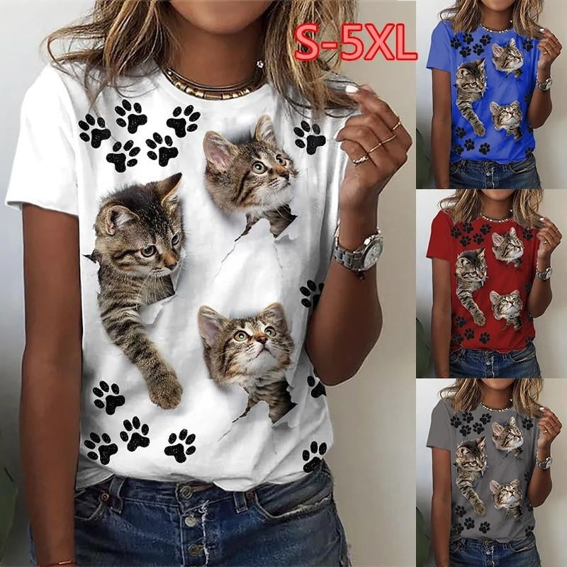 Women Fashion Summer Cat Printing T-Shirts Blocks Loose Deep O-Neck Plus Size Short Sleeve Tee Shirt Tops Image 1