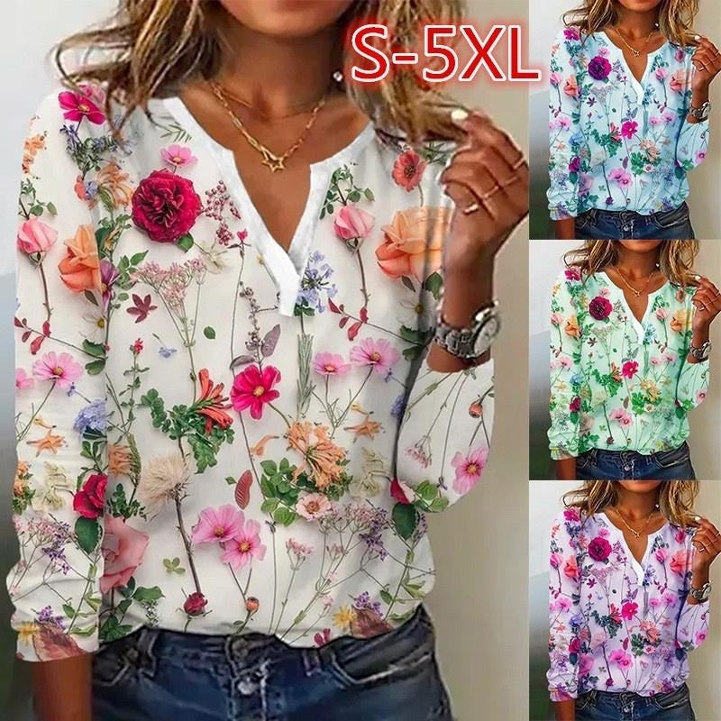 Women Summer FloralPrinting Long Sleeve T-Shirts Loose V-Neck Plus Size Tee Shirt Tops Comfortable Blouse Image 1