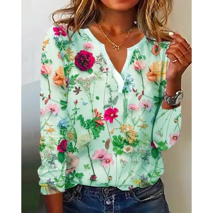 Women Summer FloralPrinting Long Sleeve T-Shirts Loose V-Neck Plus Size Tee Shirt Tops Comfortable Blouse Image 2