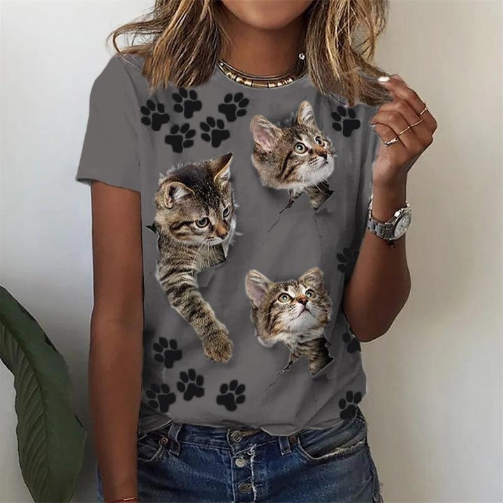 Women Fashion Summer Cat Printing T-Shirts Blocks Loose Deep O-Neck Plus Size Short Sleeve Tee Shirt Tops Image 2