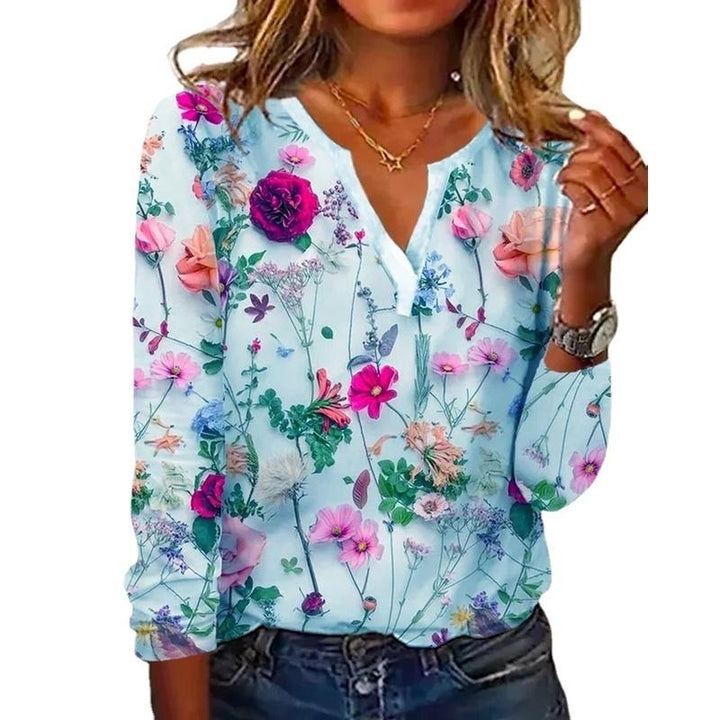 Women Summer FloralPrinting Long Sleeve T-Shirts Loose V-Neck Plus Size Tee Shirt Tops Comfortable Blouse Image 3