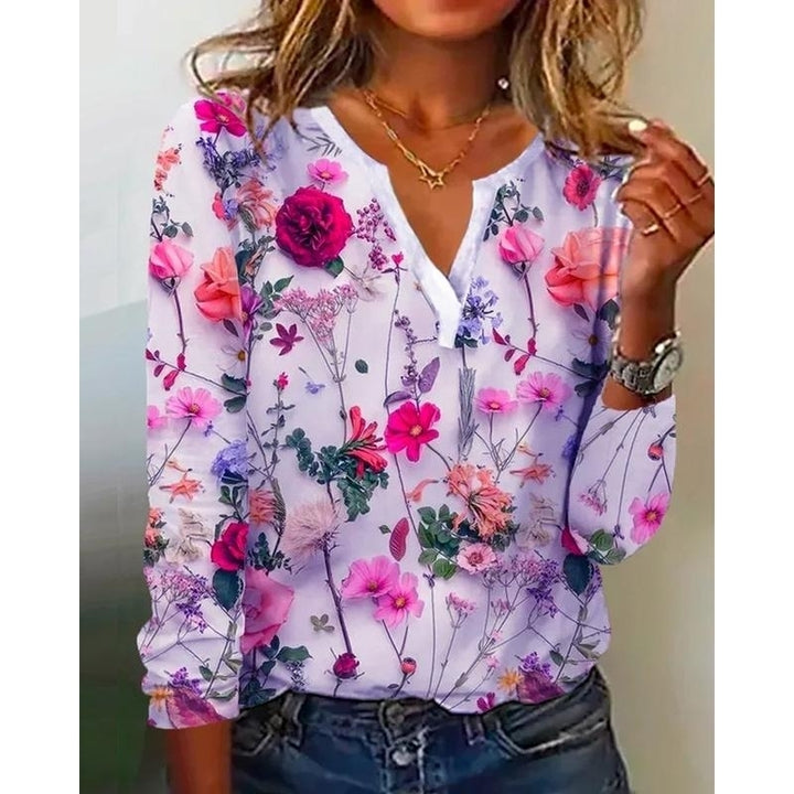 Women Summer FloralPrinting Long Sleeve T-Shirts Loose V-Neck Plus Size Tee Shirt Tops Comfortable Blouse Image 4