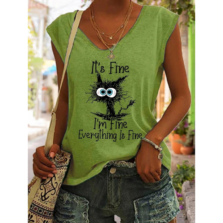 Women Summer Cat Letters Printing Sleeveless T-Shirts Loose Deep V-neck Plus Size Cotton Tee Shirt Tops Image 4