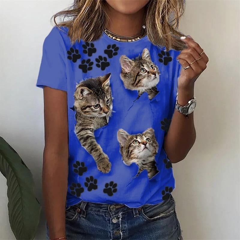 Women Fashion Summer Cat Printing T-Shirts Blocks Loose Deep O-Neck Plus Size Short Sleeve Tee Shirt Tops Image 3