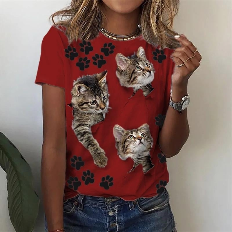 Women Fashion Summer Cat Printing T-Shirts Blocks Loose Deep O-Neck Plus Size Short Sleeve Tee Shirt Tops Image 4