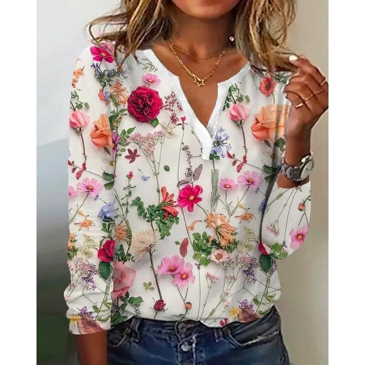 Women Summer FloralPrinting Long Sleeve T-Shirts Loose V-Neck Plus Size Tee Shirt Tops Comfortable Blouse Image 4