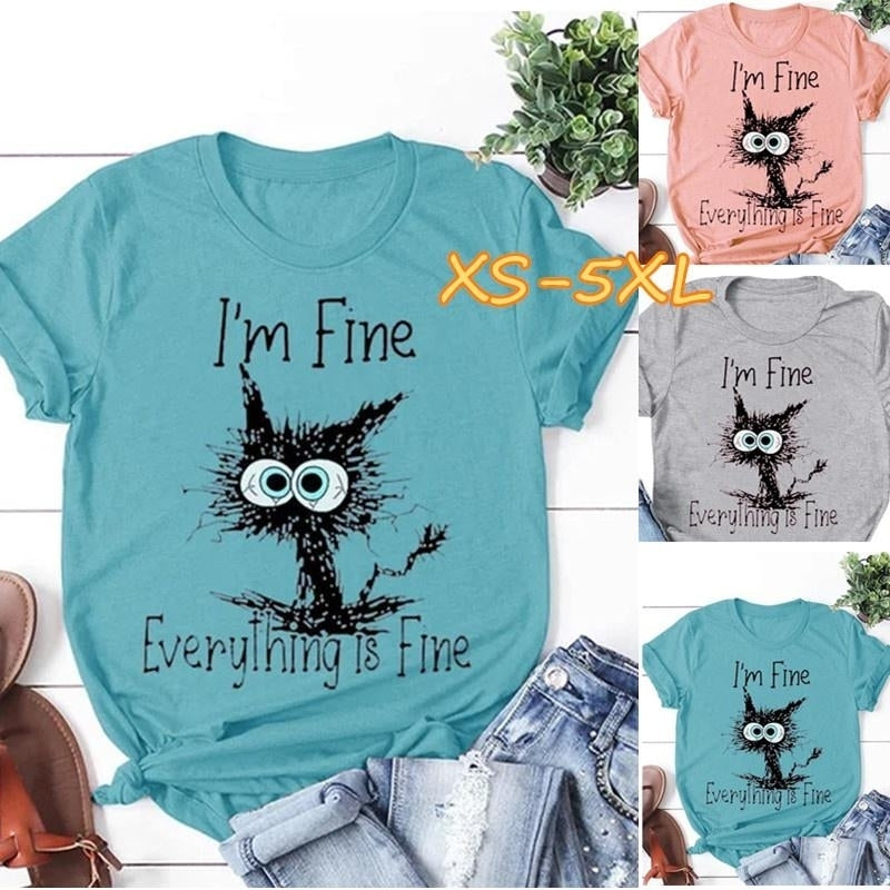 Women Summer Letters Cat Printing Short Sleeve T-Shirts Loose Deep O-neck Plus Size Basic Cotton Tee Shirt Tops Image 1