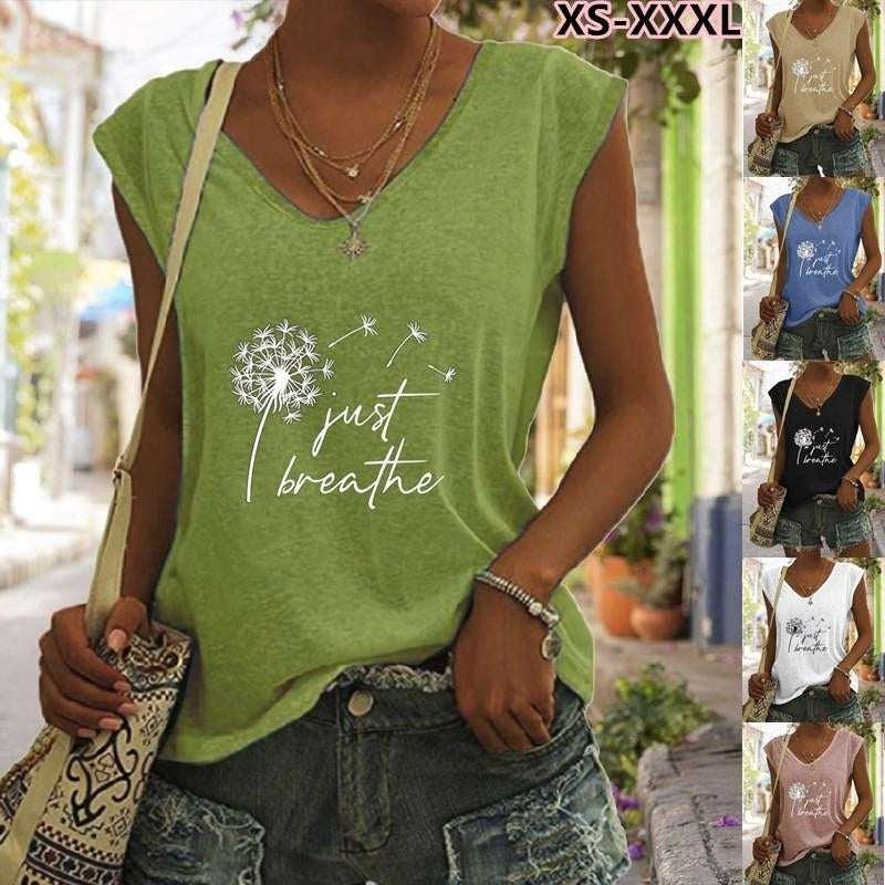 Women Summer Just Breathe Dandelion Printing Sleeveless T-Shirts Loose Deep V-neck Plus Size Cotton Tee Shirt Tops Image 1