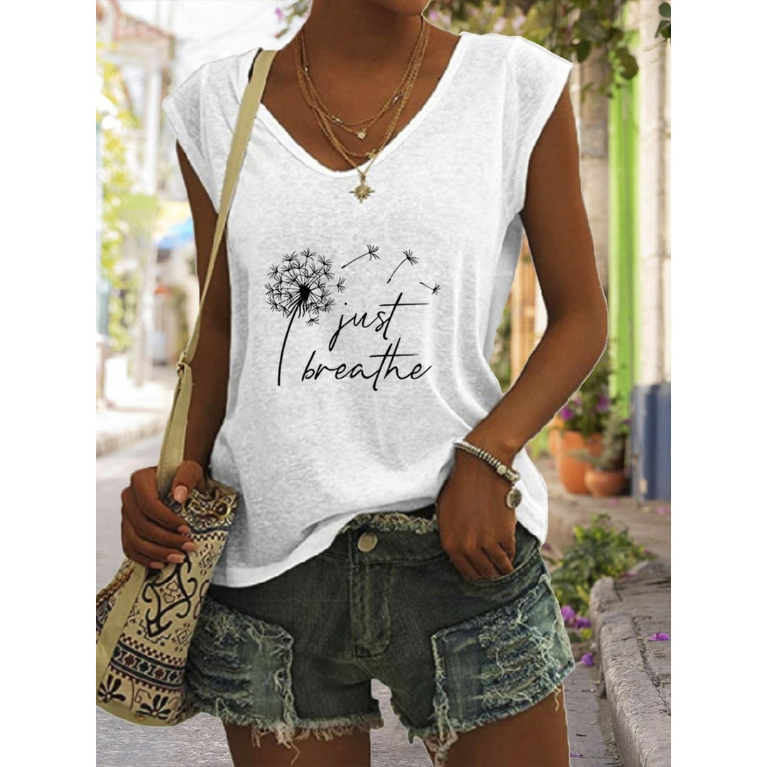 Women Summer Just Breathe Dandelion Printing Sleeveless T-Shirts Loose Deep V-neck Plus Size Cotton Tee Shirt Tops Image 2