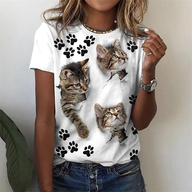 Women Fashion Summer Cat Printing T-Shirts Blocks Loose Deep O-Neck Plus Size Short Sleeve Tee Shirt Tops Image 4