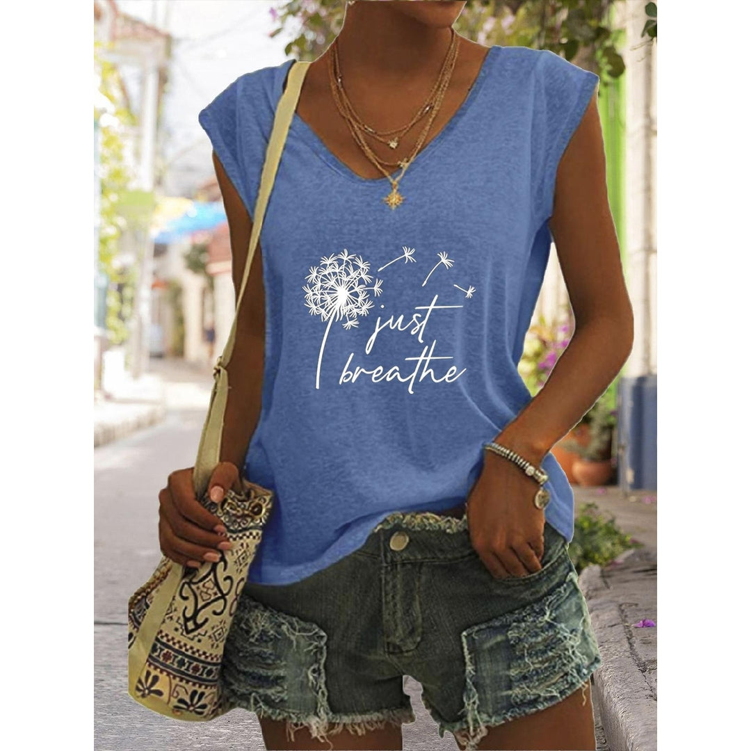 Women Summer Just Breathe Dandelion Printing Sleeveless T-Shirts Loose Deep V-neck Plus Size Cotton Tee Shirt Tops Image 3