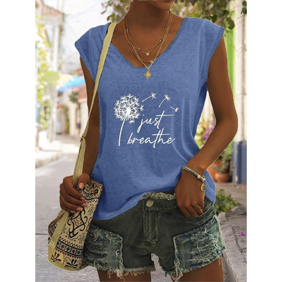 Women Summer Just Breathe Dandelion Printing Sleeveless T-Shirts Loose Deep V-neck Plus Size Cotton Tee Shirt Tops Image 1