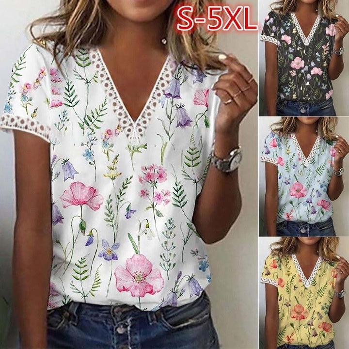 Women Summer Floral Printing T-Shirts Blocks Loose Deep Lace V-Neck Plus Size Short Sleeve Tee Shirt Tops Image 1