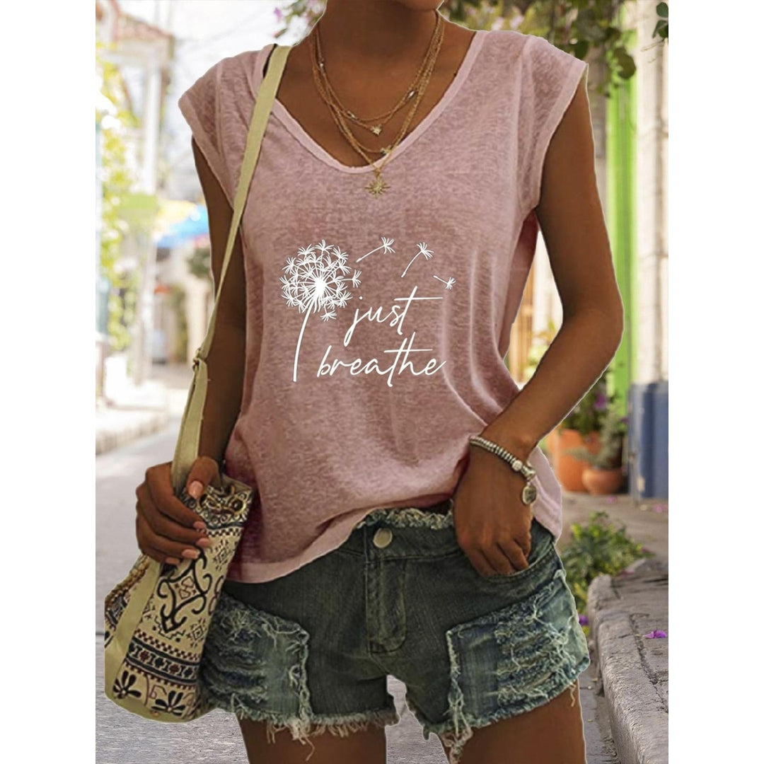 Women Summer Just Breathe Dandelion Printing Sleeveless T-Shirts Loose Deep V-neck Plus Size Cotton Tee Shirt Tops Image 4