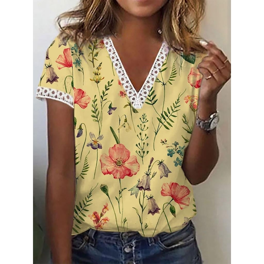 Women Summer Floral Printing T-Shirts Blocks Loose Deep Lace V-Neck Plus Size Short Sleeve Tee Shirt Tops Image 2