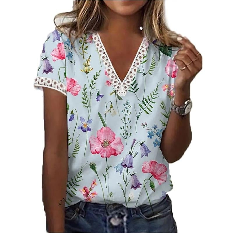 Women Summer Floral Printing T-Shirts Blocks Loose Deep Lace V-Neck Plus Size Short Sleeve Tee Shirt Tops Image 3