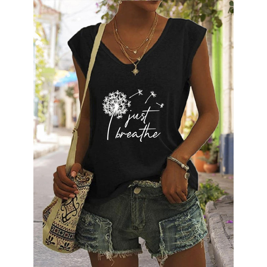 Women Summer Just Breathe Dandelion Printing Sleeveless T-Shirts Loose Deep V-neck Plus Size Cotton Tee Shirt Tops Image 1