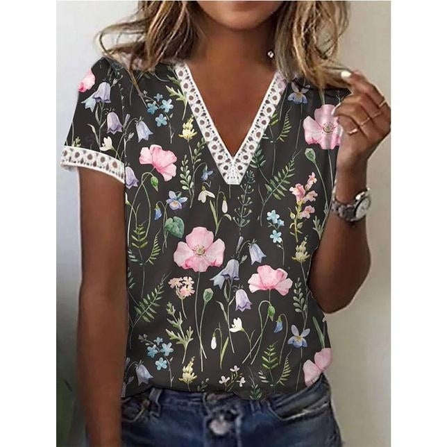 Women Summer Floral Printing T-Shirts Blocks Loose Deep Lace V-Neck Plus Size Short Sleeve Tee Shirt Tops Image 4