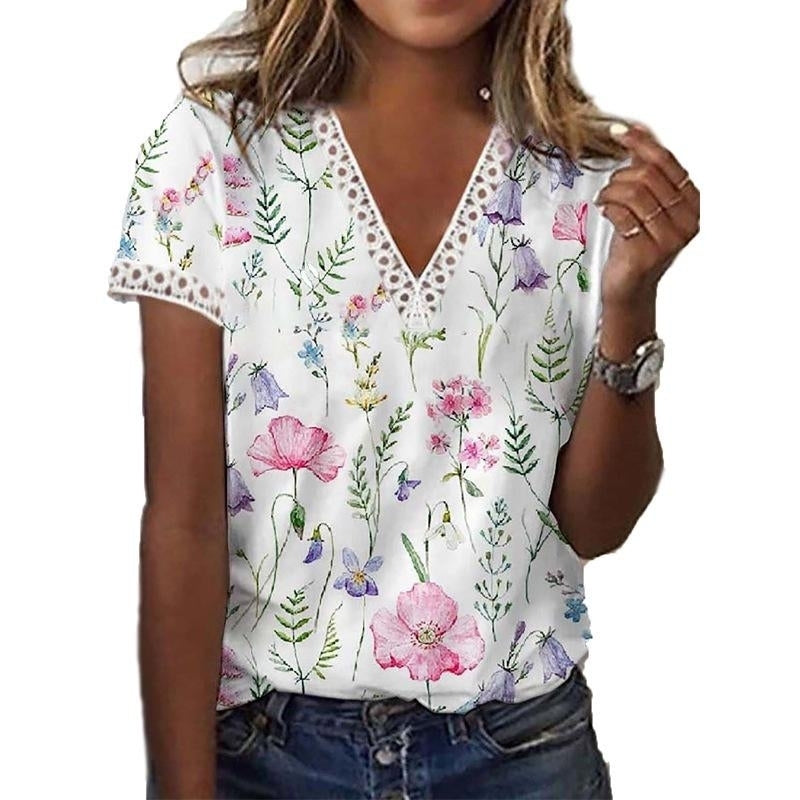 Women Summer Floral Printing T-Shirts Blocks Loose Deep Lace V-Neck Plus Size Short Sleeve Tee Shirt Tops Image 4