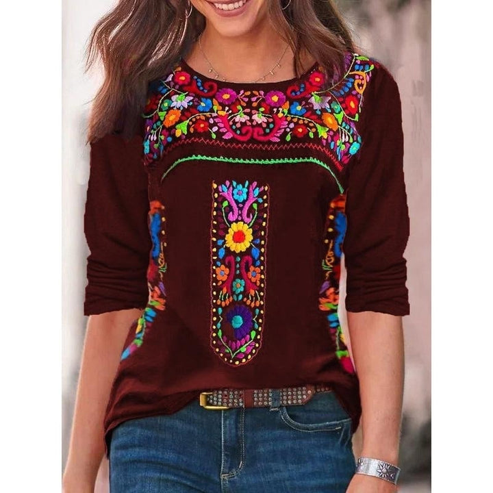 Women Autumn Flotal Printing Long Sleeve T-Shirts Loose O-Neck Plus Size Tee Shirt Tops Comfortable Blouse Image 1