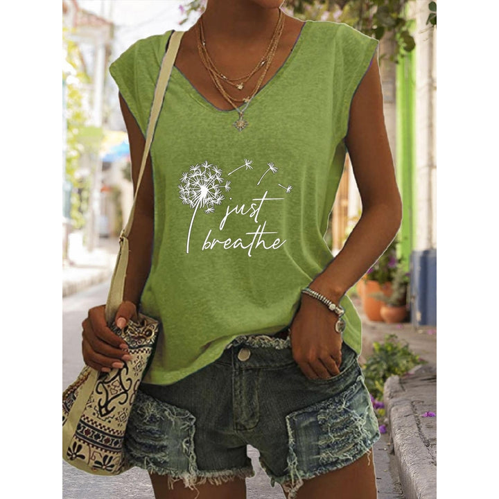 Women Summer Just Breathe Dandelion Printing Sleeveless T-Shirts Loose Deep V-neck Plus Size Cotton Tee Shirt Tops Image 6