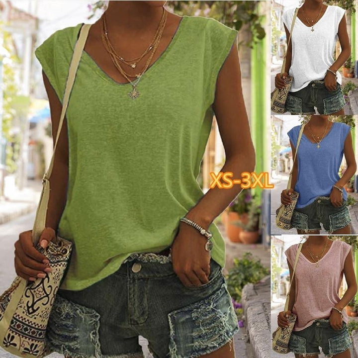 Women Summer Solid Basic T-shirt Sleeveless T-Shirts Loose Deep V-neck Plus Size Cotton Tee Shirt Tops Image 1