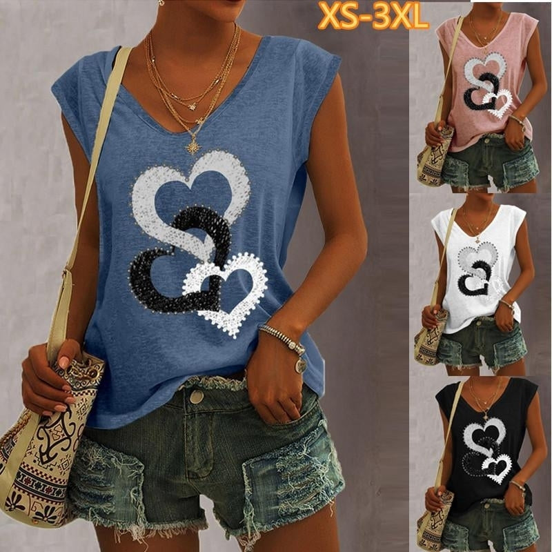 Women Summer Hearts Printing Sleeveless T-Shirts Loose Deep V-neck Plus Size Cotton Tee Shirt Tops Image 1