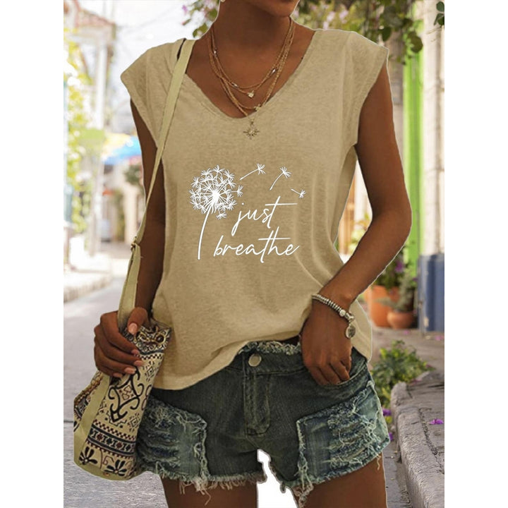 Women Summer Just Breathe Dandelion Printing Sleeveless T-Shirts Loose Deep V-neck Plus Size Cotton Tee Shirt Tops Image 8