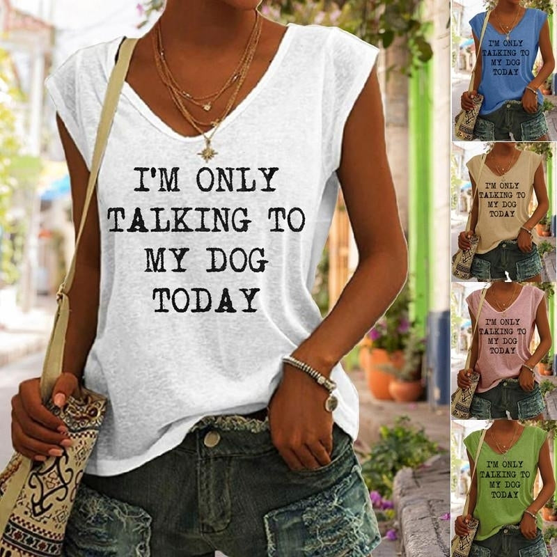 Women Summer Fun Letters Printing Sleeveless T-Shirts Loose Deep V-neck Plus Size Cotton Tee Shirt Tops Image 1