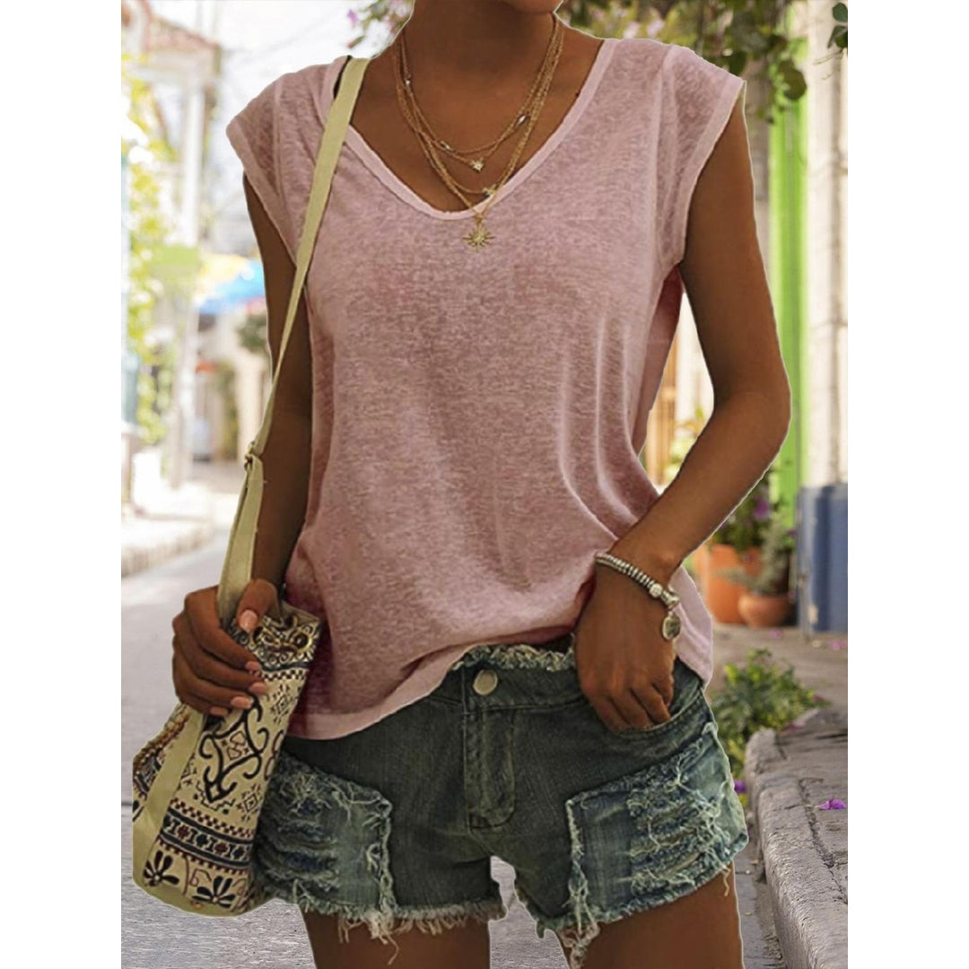 Women Summer Solid Basic T-shirt Sleeveless T-Shirts Loose Deep V-neck Plus Size Cotton Tee Shirt Tops Image 4