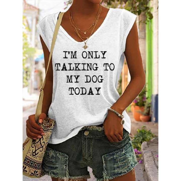 Women Summer Fun Letters Printing Sleeveless T-Shirts Loose Deep V-neck Plus Size Cotton Tee Shirt Tops Image 2