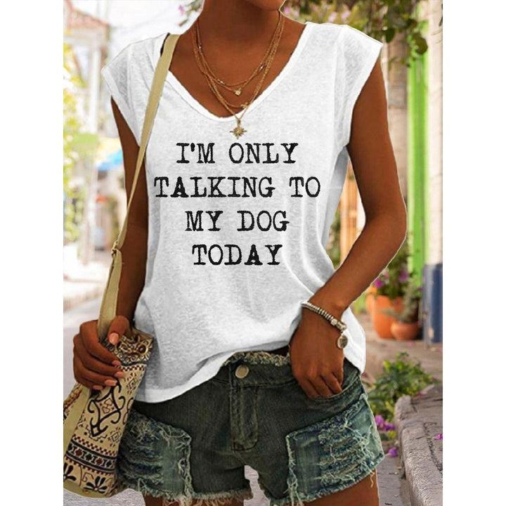 Women Summer Fun Letters Printing Sleeveless T-Shirts Loose Deep V-neck Plus Size Cotton Tee Shirt Tops Image 1