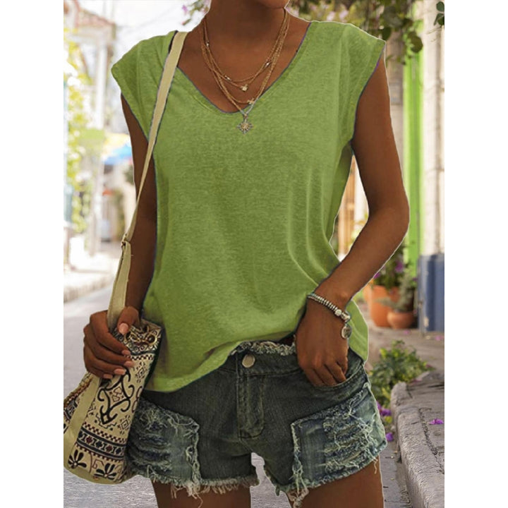 Women Summer Solid Basic T-shirt Sleeveless T-Shirts Loose Deep V-neck Plus Size Cotton Tee Shirt Tops Image 4