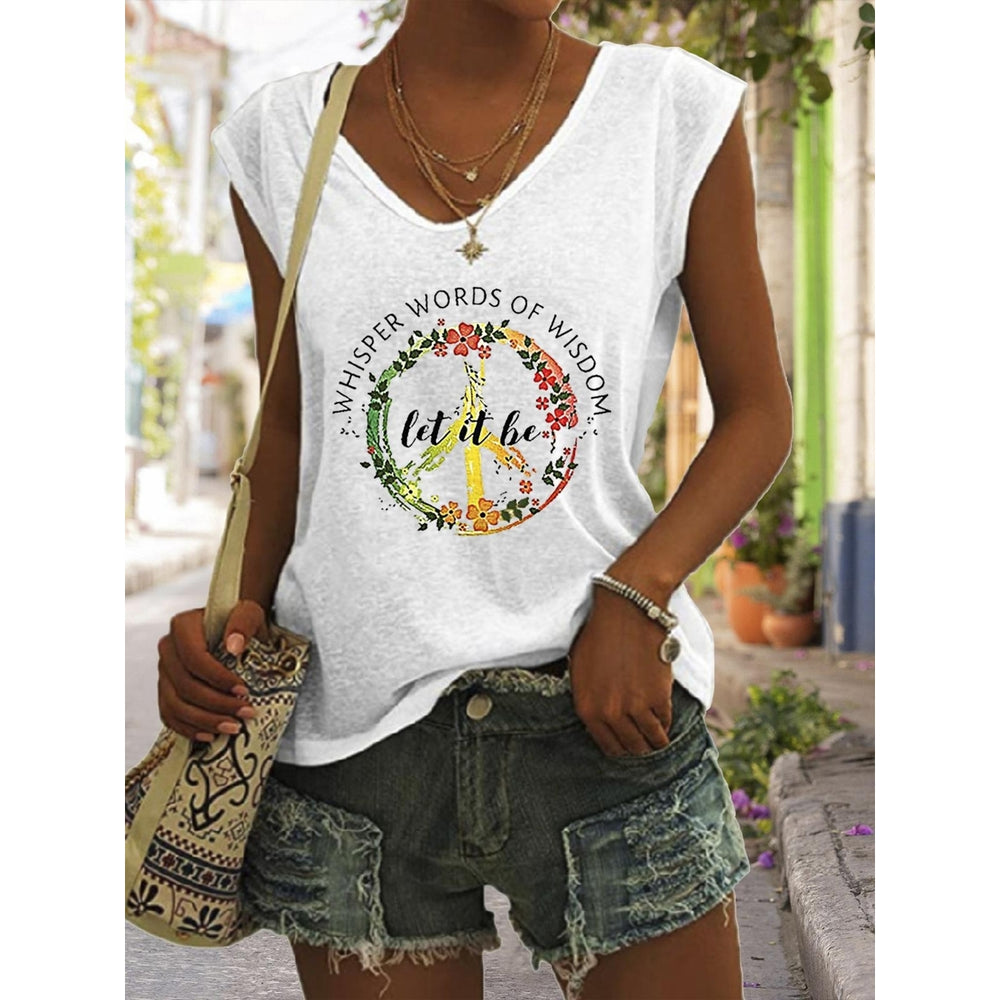 Women Summer Letters Floral Printing Sleeveless T-Shirts Loose Deep V-neck Plus Size Cotton Tee Shirt Tops Image 2