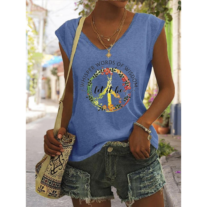 Women Summer Letters Floral Printing Sleeveless T-Shirts Loose Deep V-neck Plus Size Cotton Tee Shirt Tops Image 3