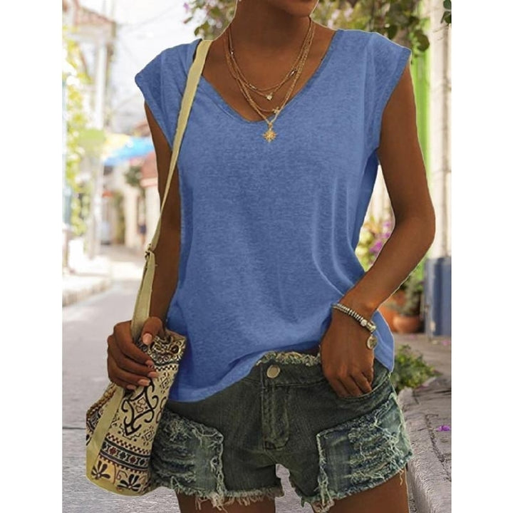 Women Summer Solid Basic T-shirt Sleeveless T-Shirts Loose Deep V-neck Plus Size Cotton Tee Shirt Tops Image 6