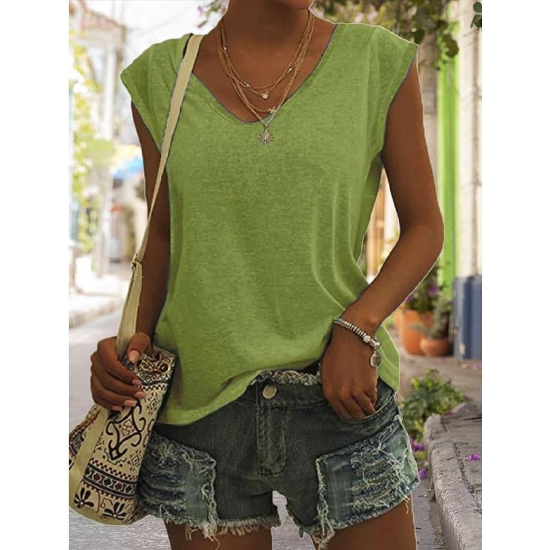 Women Summer Solid Basic T-shirt Sleeveless T-Shirts Loose Deep V-neck Plus Size Cotton Tee Shirt Tops Image 7