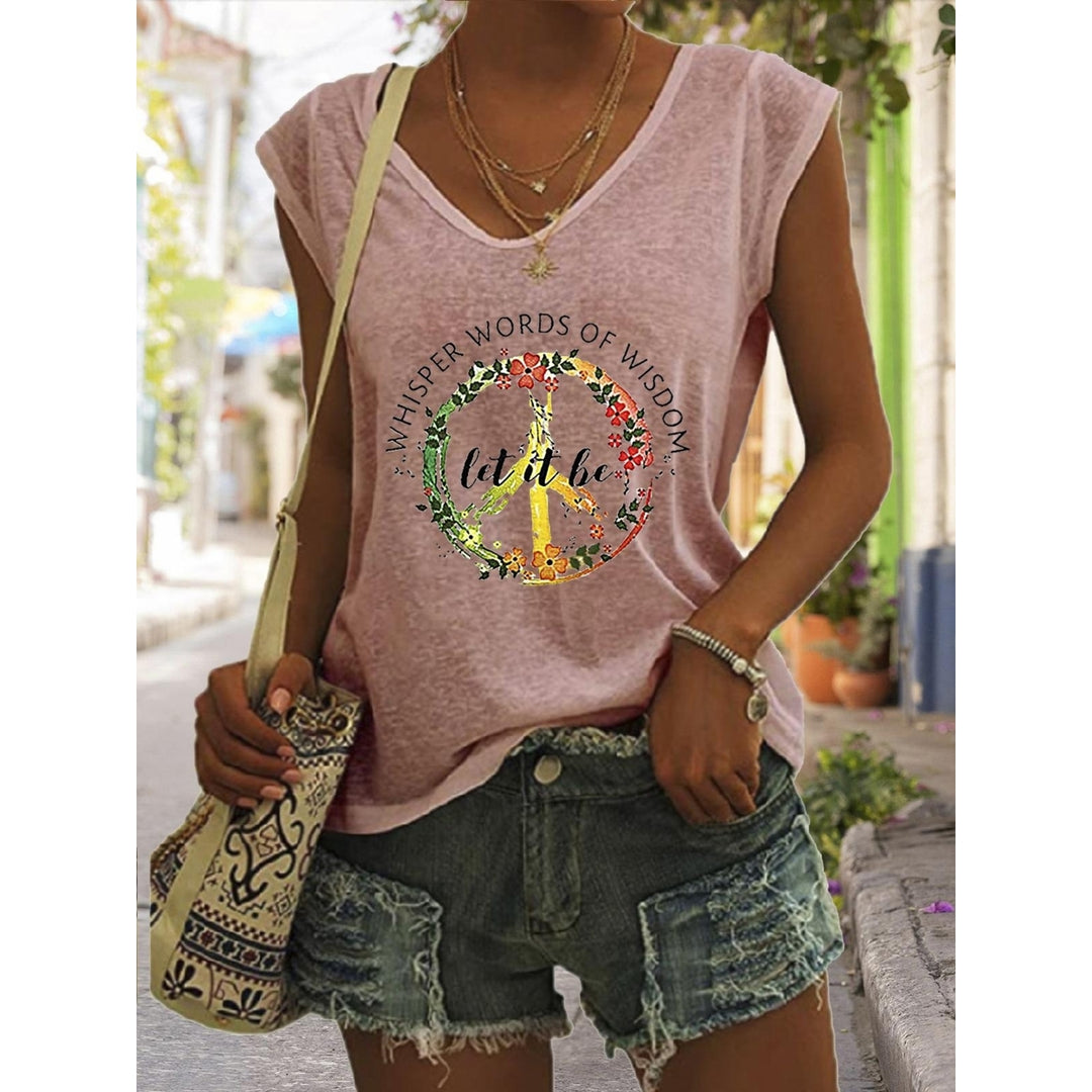 Women Summer Letters Floral Printing Sleeveless T-Shirts Loose Deep V-neck Plus Size Cotton Tee Shirt Tops Image 4