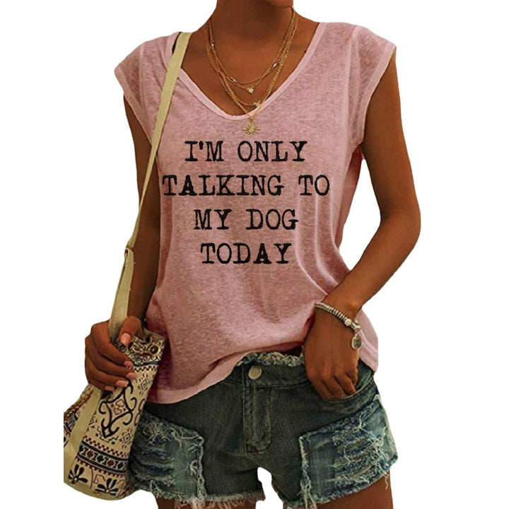 Women Summer Fun Letters Printing Sleeveless T-Shirts Loose Deep V-neck Plus Size Cotton Tee Shirt Tops Image 4