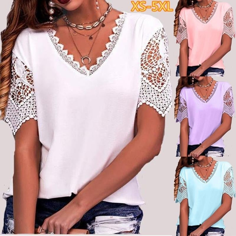 Women Summer Solid Colour T-Shirts Blocks Loose Deep Lace V-Neck Plus Size Short Sleeve Tee Shirt Tops Image 1