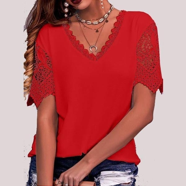 Women Summer Solid Colour T-Shirts Blocks Loose Deep Lace V-Neck Plus Size Short Sleeve Tee Shirt Tops Image 2