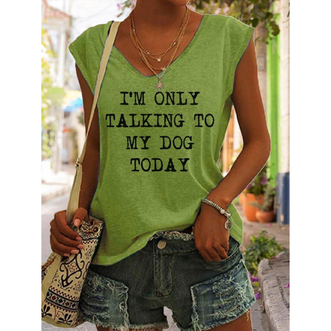 Women Summer Fun Letters Printing Sleeveless T-Shirts Loose Deep V-neck Plus Size Cotton Tee Shirt Tops Image 4