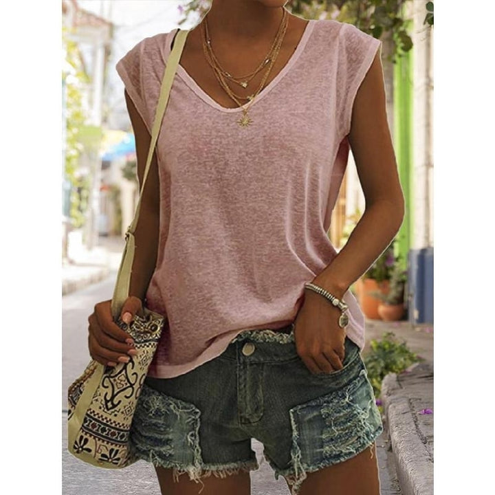 Women Summer Solid Basic T-shirt Sleeveless T-Shirts Loose Deep V-neck Plus Size Cotton Tee Shirt Tops Image 9