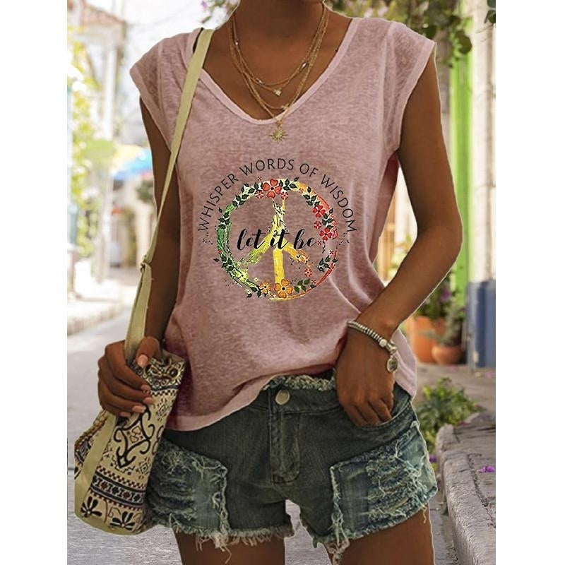 Women Summer Letters Floral Printing Sleeveless T-Shirts Loose Deep V-neck Plus Size Cotton Tee Shirt Tops Image 6